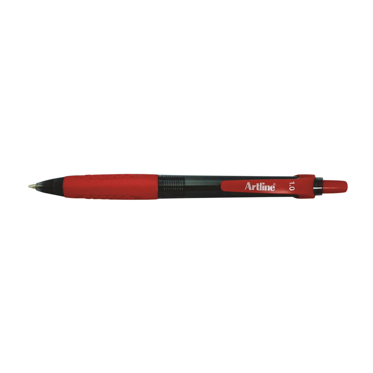 Artline 8410 retractable ballpoint pens in red, featuring a comfort grip and smooth medium line for easy writing. Set of 12.