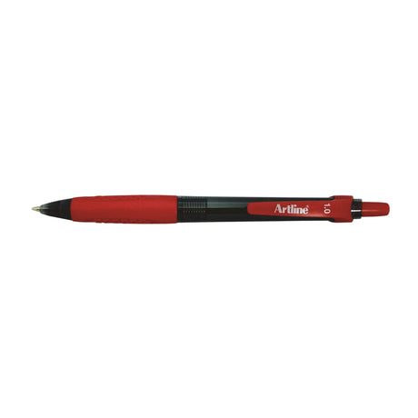 Artline 8410 retractable ballpoint pens in red, featuring a comfort grip and smooth medium line for easy writing. Set of 12.