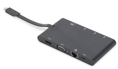 Digitus USB Type-C Universal Travel Dock in black, featuring 9 ports including HDMI, VGA, USB 3.0, Power Delivery, and Ethernet.