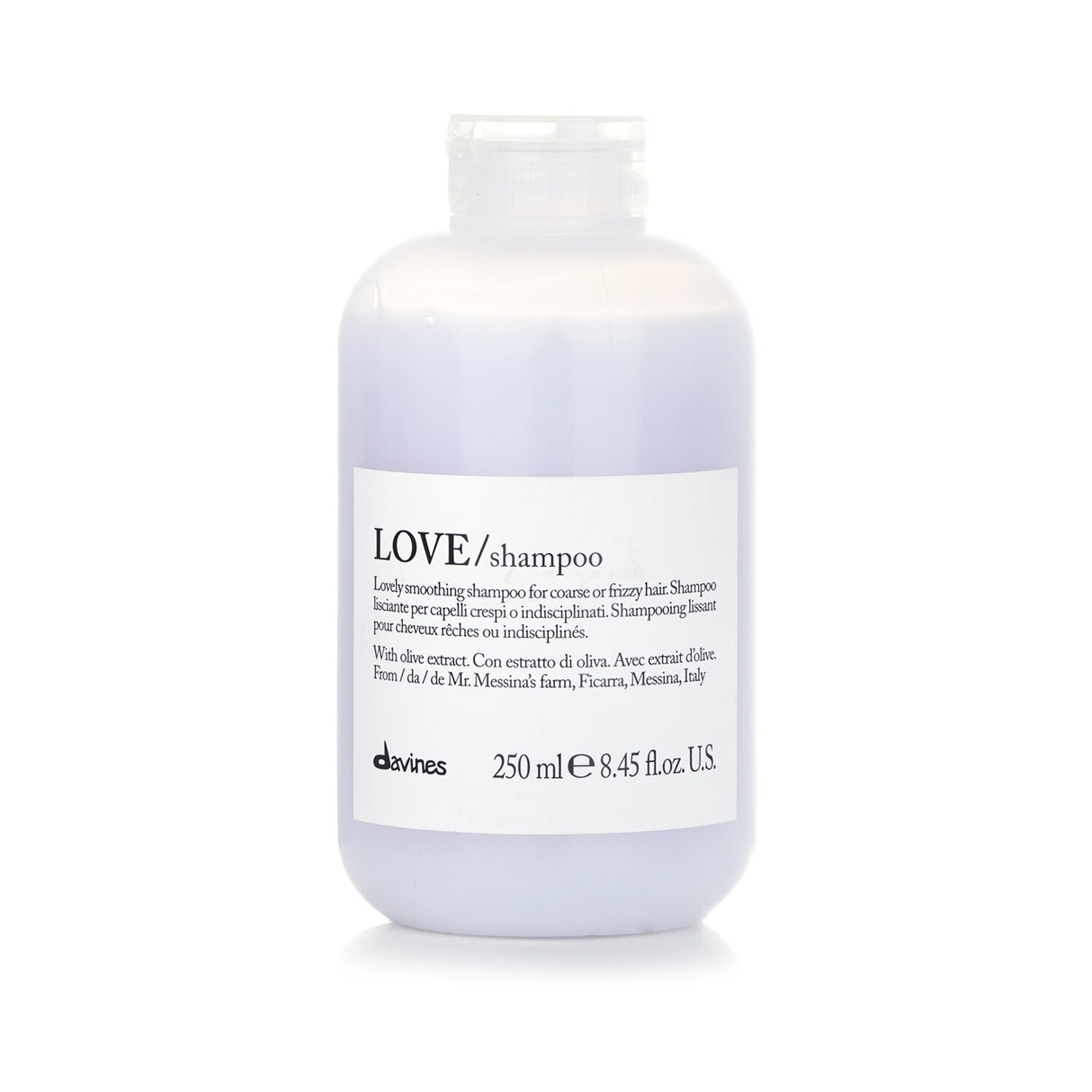 Davines Love Shampoo in 250ml, ideal for moisturizing coarse or frizzy hair, leaving it soft, smooth, and manageable.