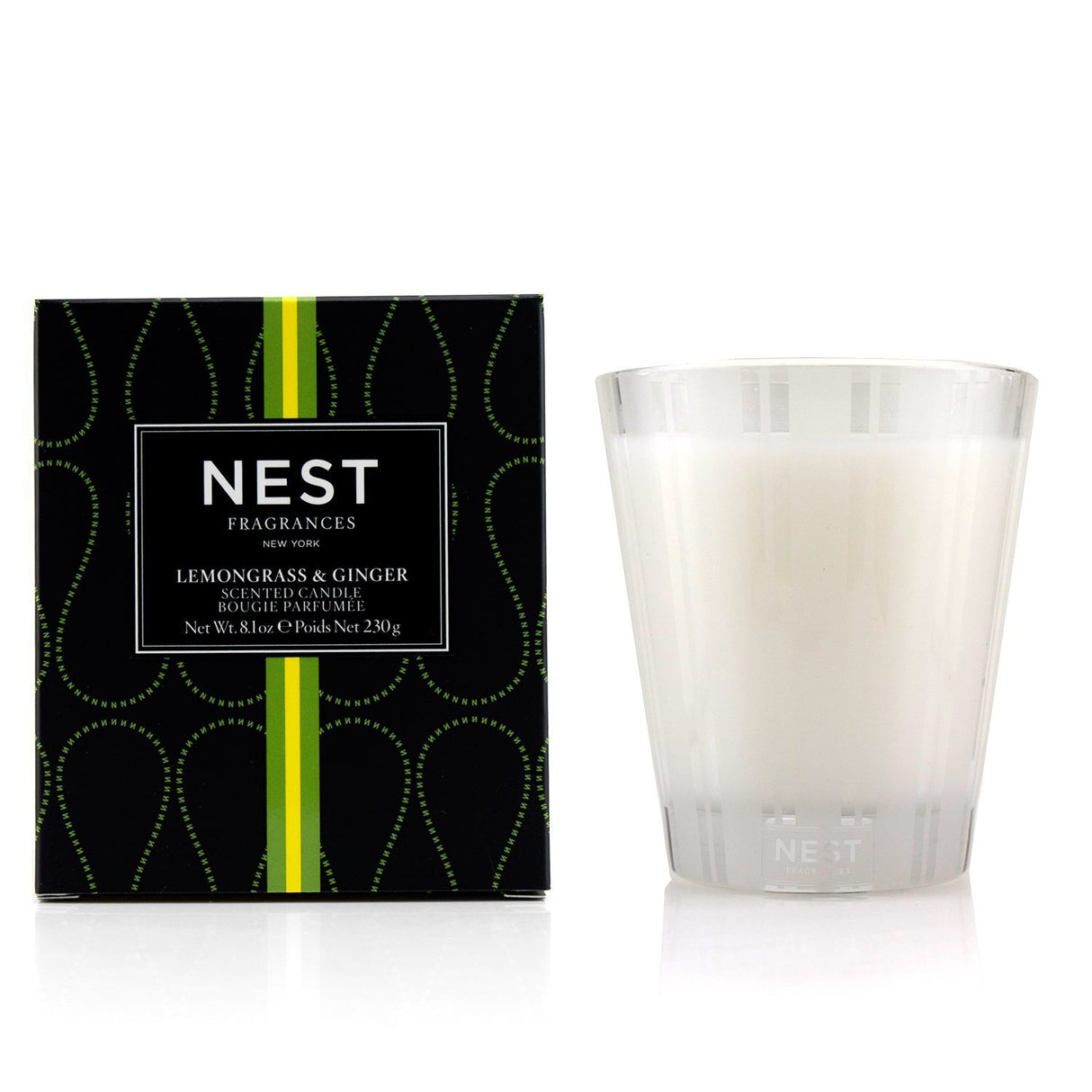 Lemongrass & ginger scented candle, 230g, offering 50 hours of comforting aroma for a soothing home ambiance.