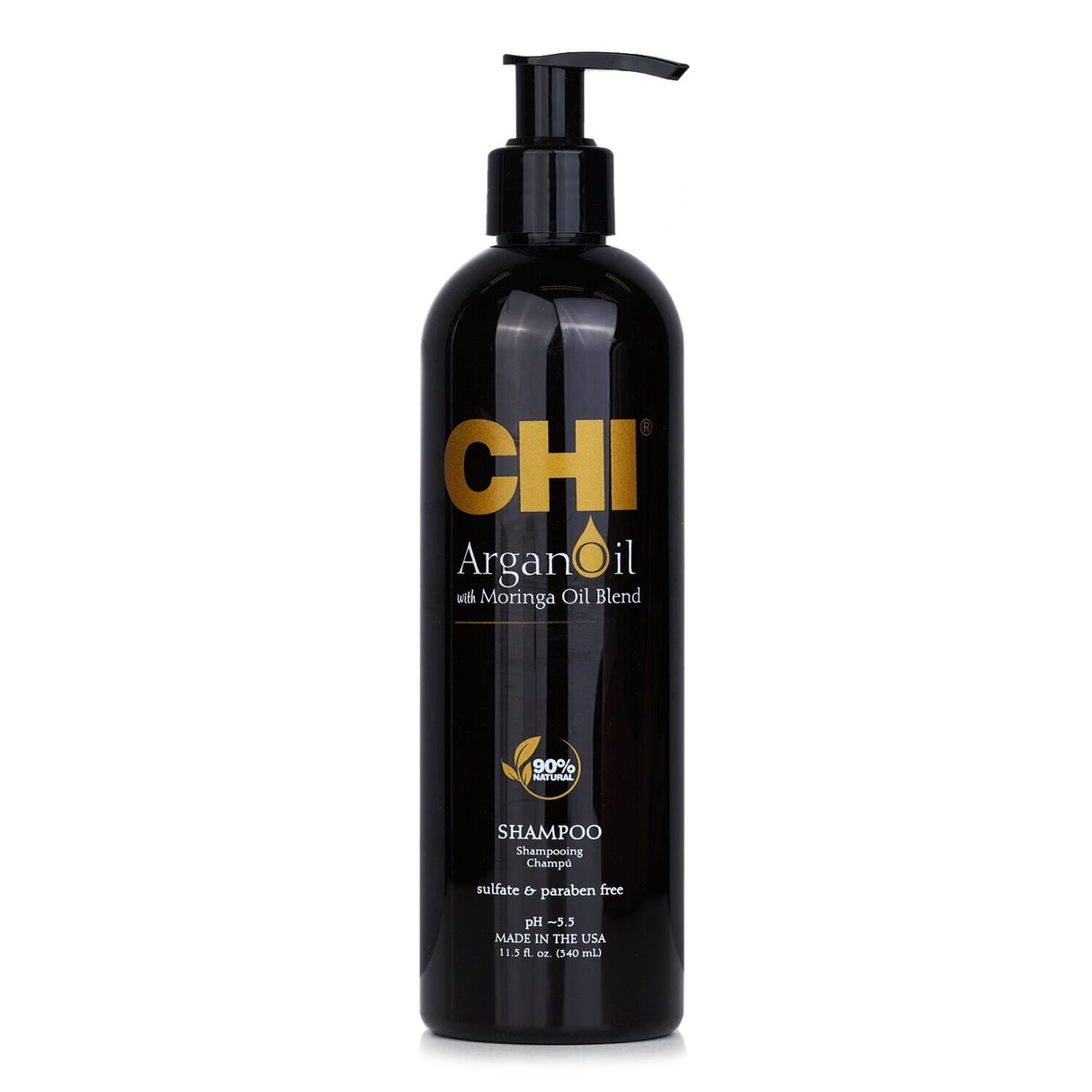 CHI Argan Oil Plus Moringa Oil Shampoo in a 340ml bottle, sulfate and paraben-free, rejuvenates hair for smooth, shiny results.