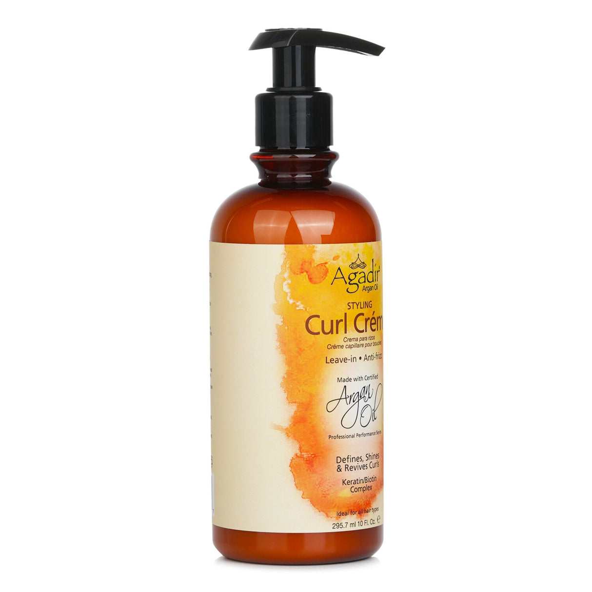 Agadir Argan Oil Curl Creme in a 10oz bottle, designed for all hair types, enhances curls with moisture, shine, and frizz control.