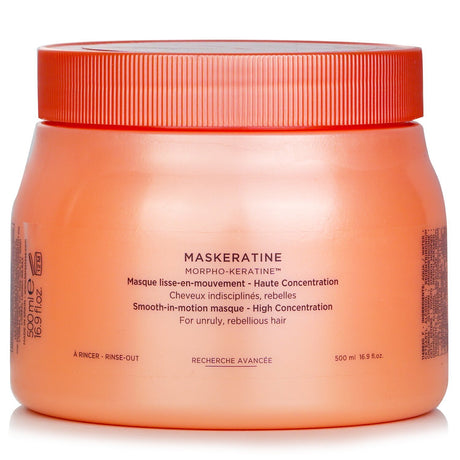 High-concentration smoothing mask for unruly hair, combats frizz, and enhances manageability with Morpho-Keratine Technology.