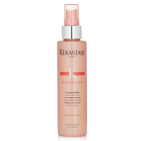 Kerastase Discipline Fluidissime spray for unruly hair, offers anti-frizz, heat protection, and shine for smooth, manageable locks.