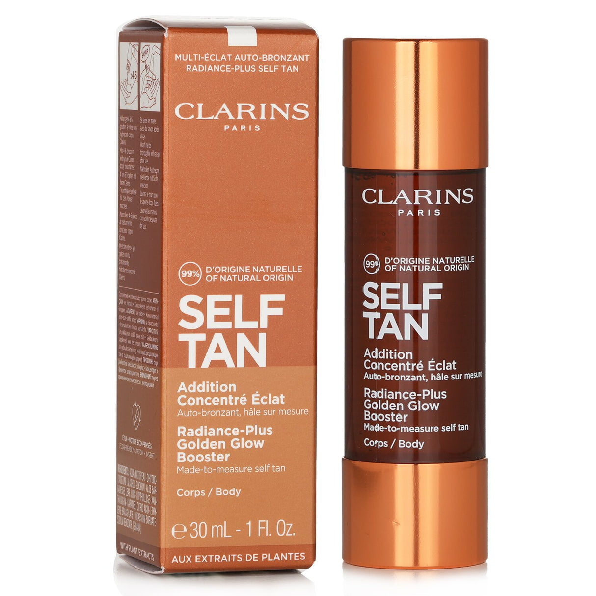 Clarins Radiance-Plus Golden Glow Booster for Body: Customizable self-tanner with DHA, aloe, and tocopherol for a radiant glow.