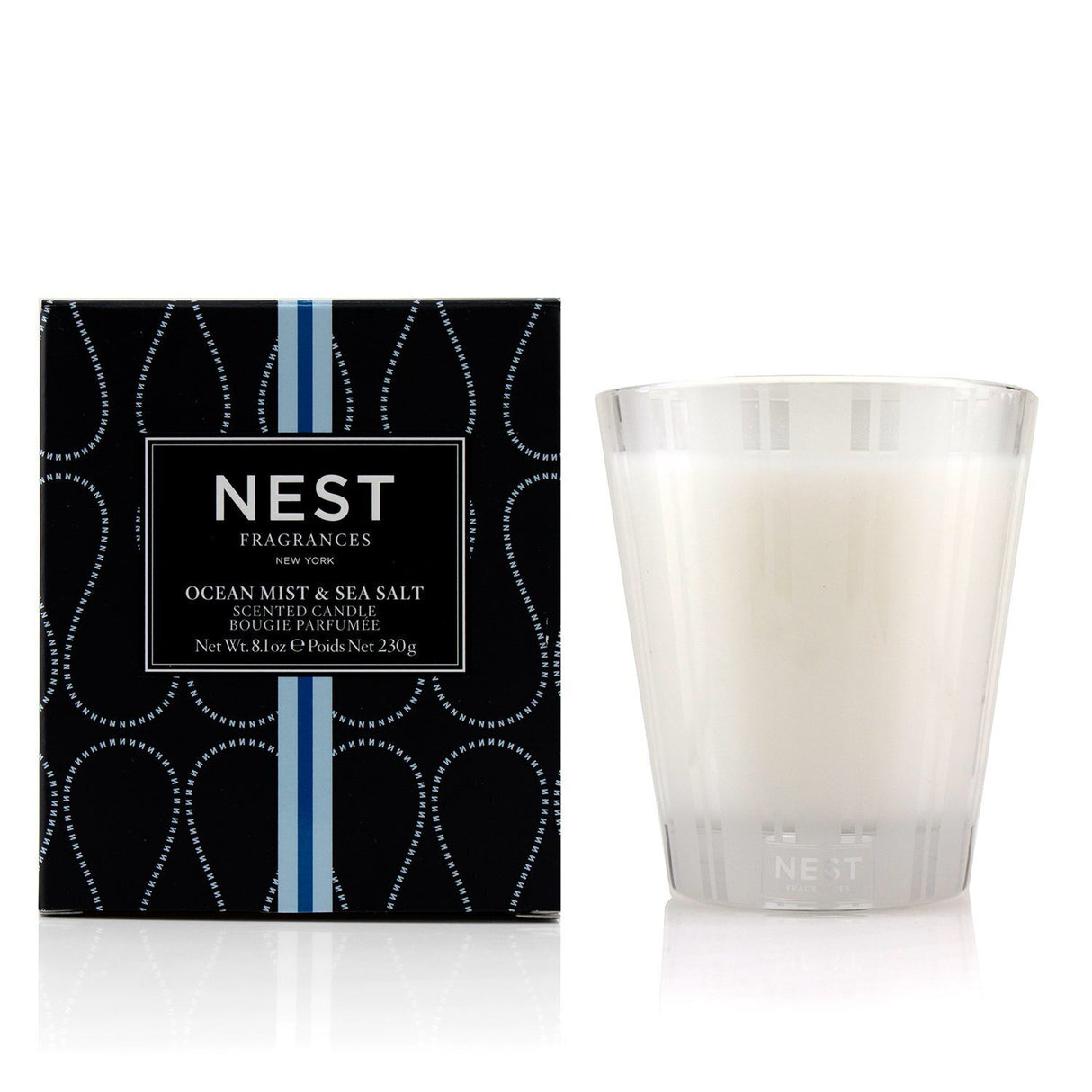 Luxury Nest scented candle in Ocean Mist & Sea Salt, 230g, offers calming aroma and elegant design for 50-hour burn time.