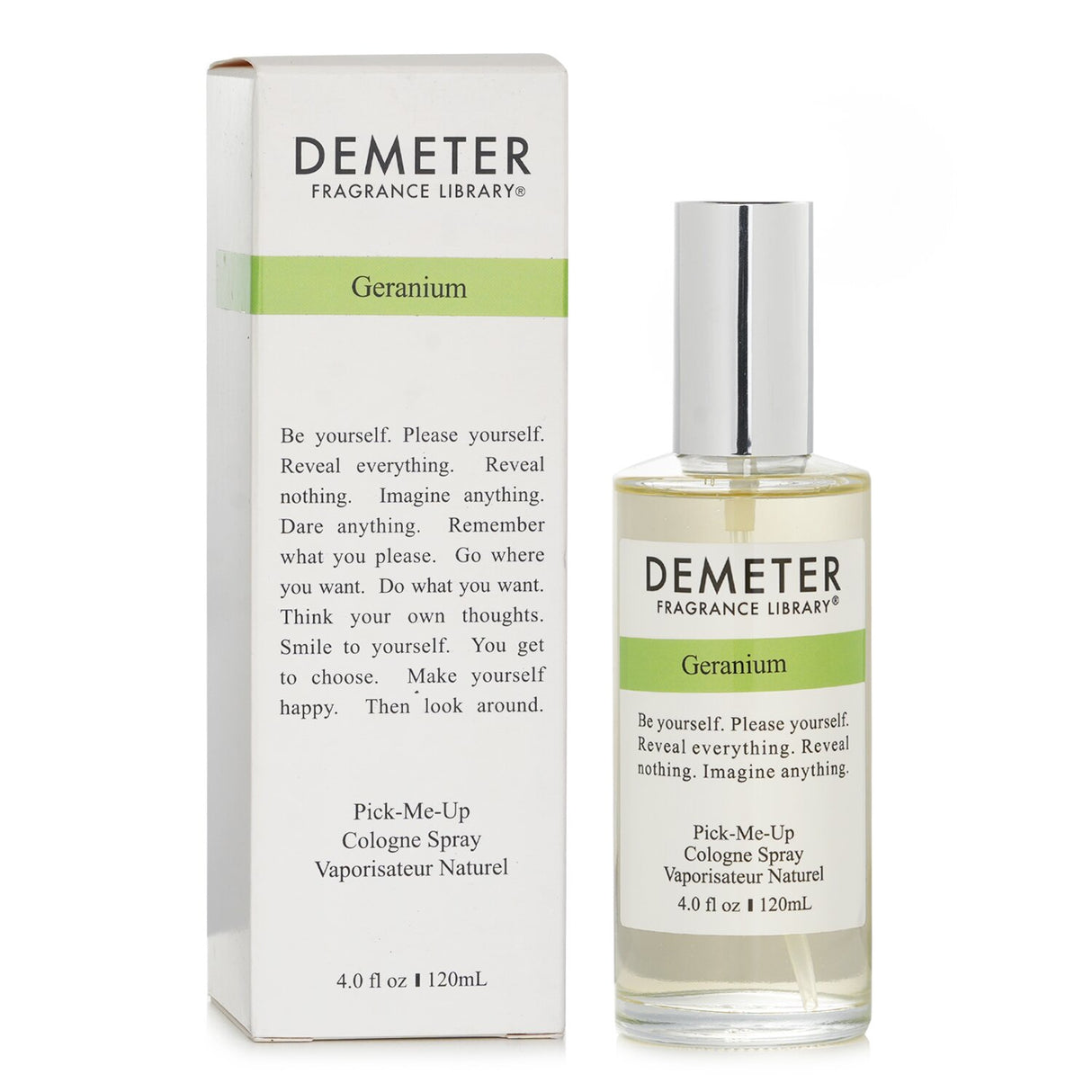 Demeter Geranium Cologne Spray in a 120ml bottle, featuring a pure floral green scent ideal for spring and summer wear.