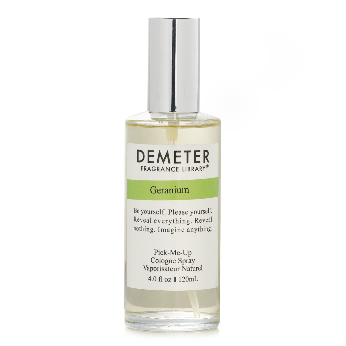 Demeter Geranium Cologne Spray in a 120ml bottle, featuring a floral green scent with soothing geranium notes for all genders.