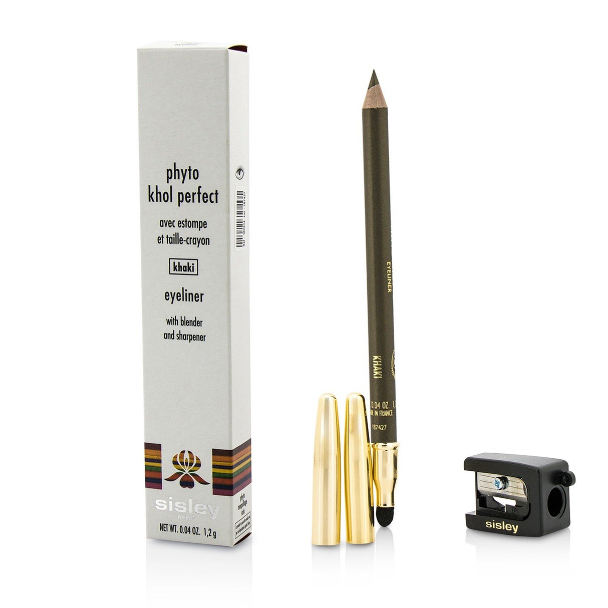 Khaki kohl eyeliner with blender and sharpener, designed for smooth, long-lasting application and captivating shine.