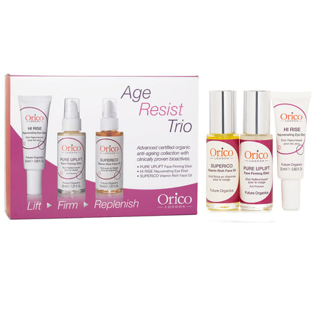 Orico London Age Resist Trio: Three skincare products in a premium set for youthful, radiant skin. Ecocert certified organic.