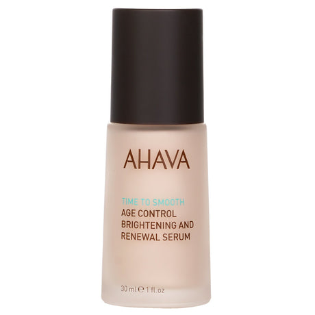 Ahava Time To Smooth Serum, 30ml, brightens skin, fights dark spots, reduces fine lines, and promotes renewal overnight.