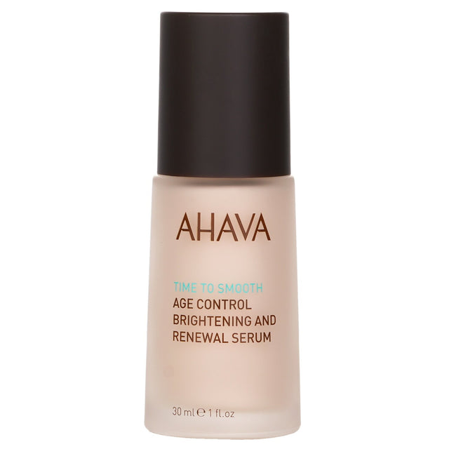 Ahava Time To Smooth Serum, 30ml, brightens skin, fights dark spots, reduces fine lines, and promotes renewal overnight.