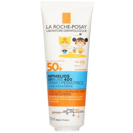 La Roche Posay Anthelios UVMune 400 Lotion SPF 50+, designed for children's sensitive skin, offers strong UV protection and hydration.