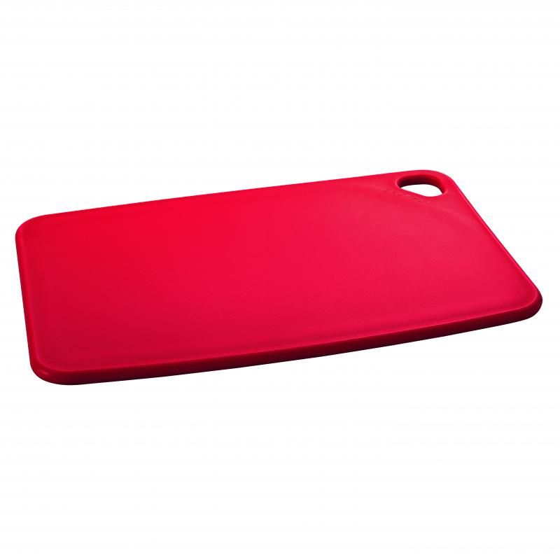 Vibrant red Scanpan Spectrum cutting board, 390x260x10mm, non-absorbent, knife-friendly, and dishwasher safe for easy use.