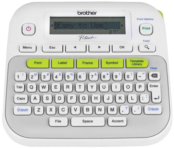 Brother PTD210 desktop label printer with 14 fonts, 600 symbols, and 27 layouts for efficient and stylish labeling.