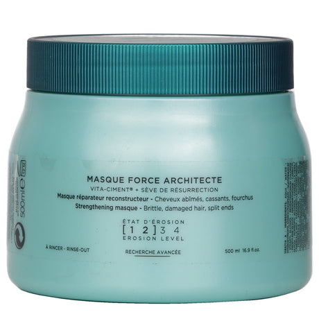 Kerastase Resistance Force Architecte Masque revitalizes brittle, damaged hair with Ciment-Cylane to restore strength and shine.