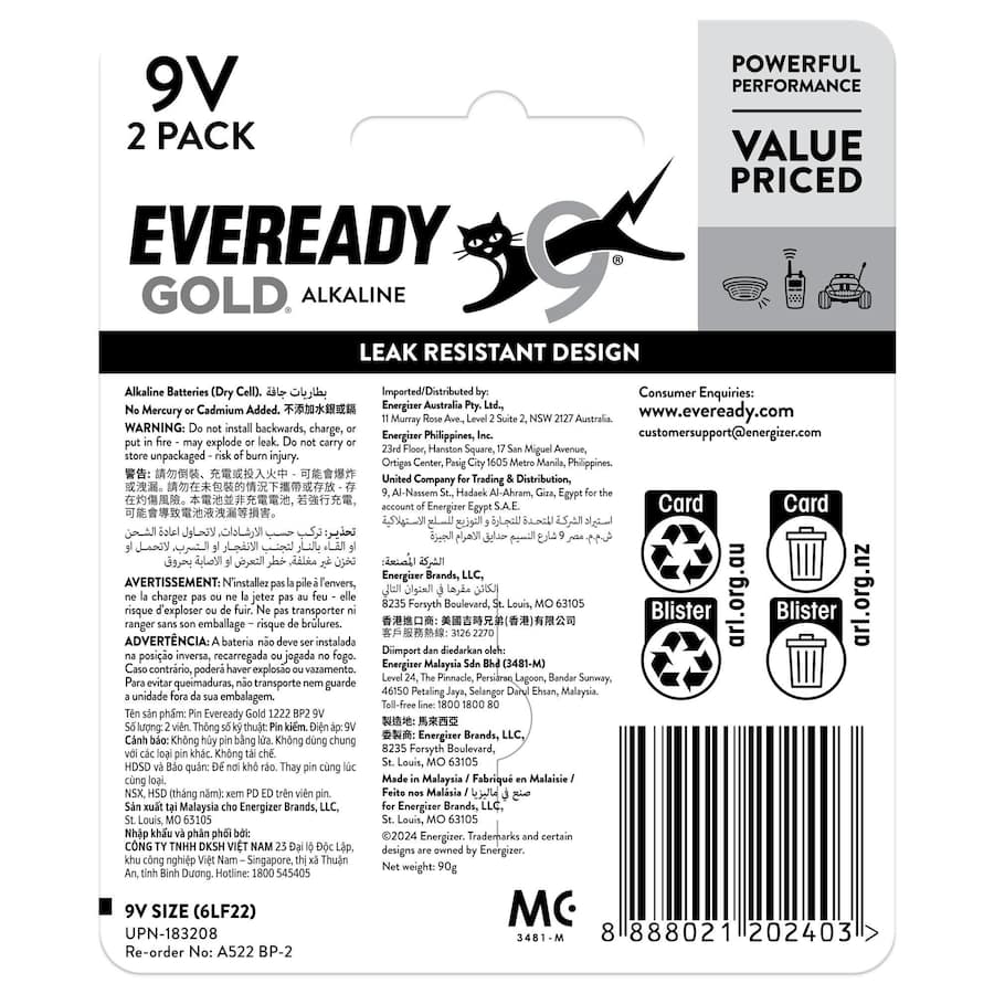 Eveready Gold Batteries Alkaline 9v 2pack