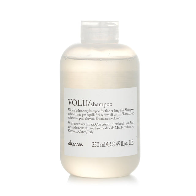 Bottle of Davines Volu Volume Enhancing Shampoo for fine hair, promising revitalizing volume and a lightweight feel.