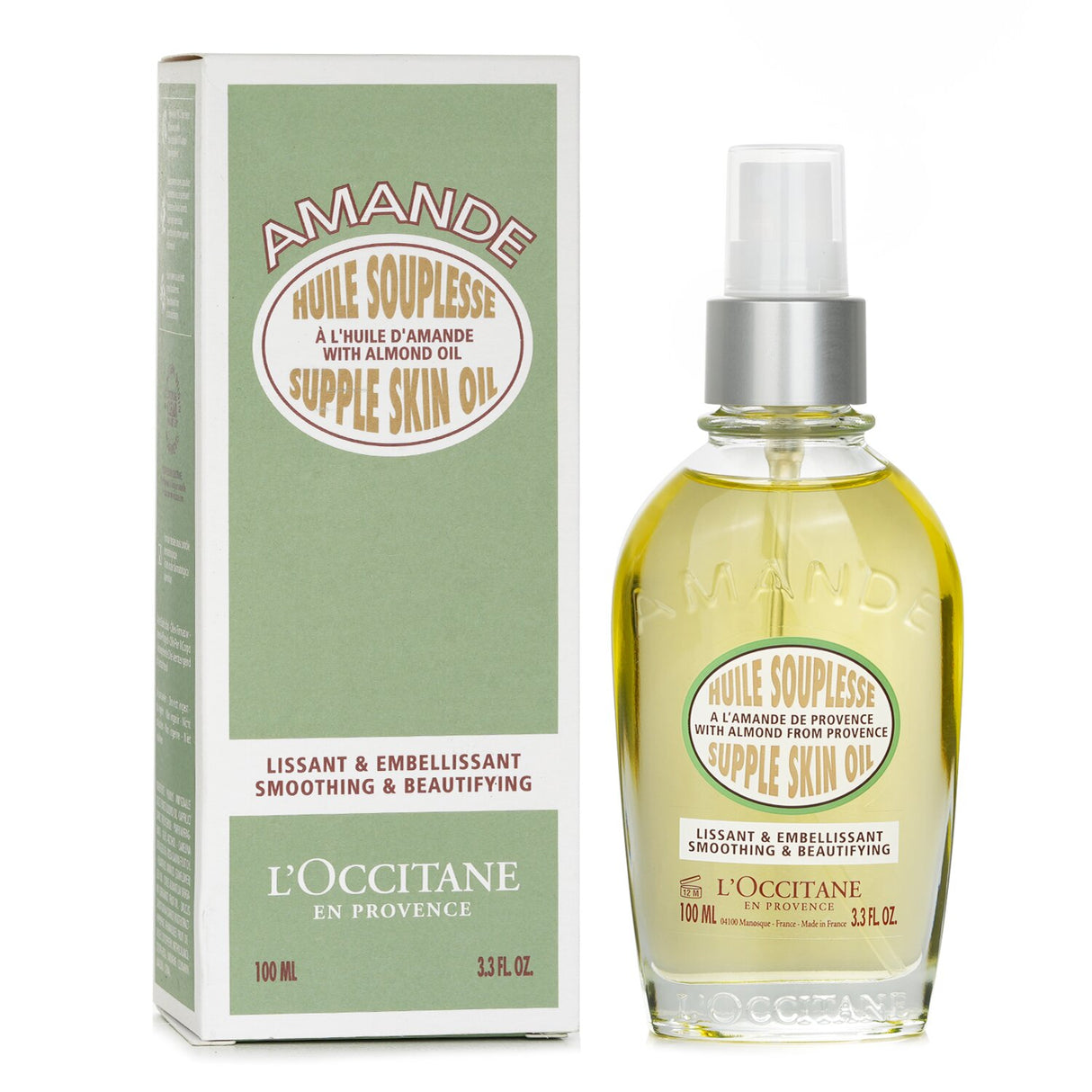 L'Occitane Almond Supple Skin Oil in a 100ml bottle, enriched with almond and essential oils for smooth, nourished skin.