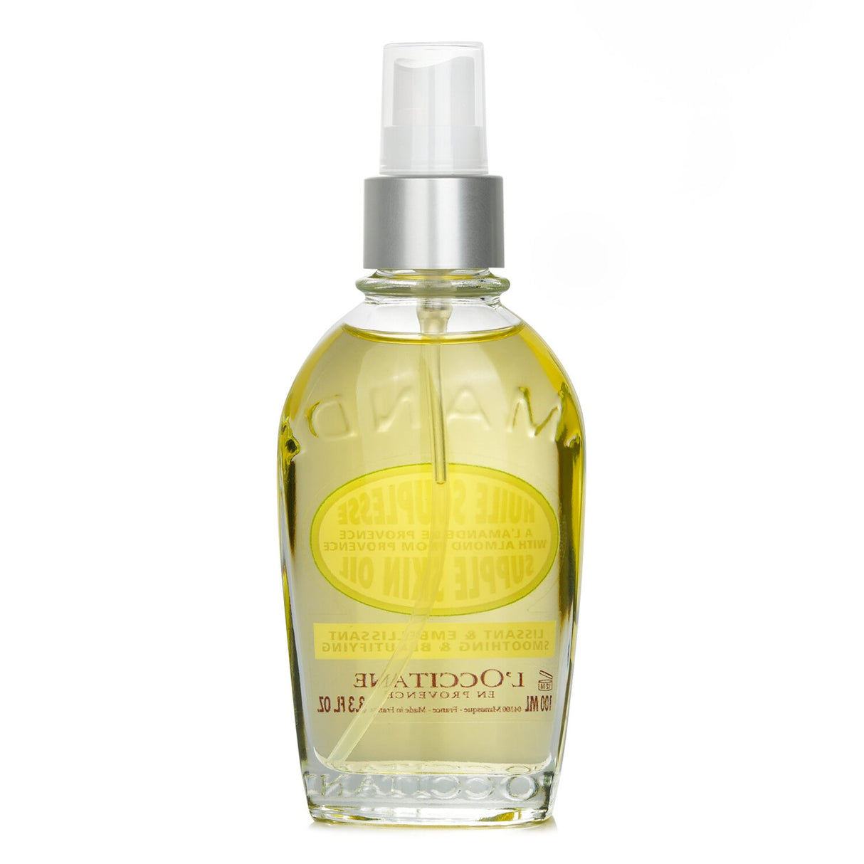 L'Occitane Almond Supple Skin Oil in 100ml bottle, enriched with essential oils for soft, smooth, and nourished skin.