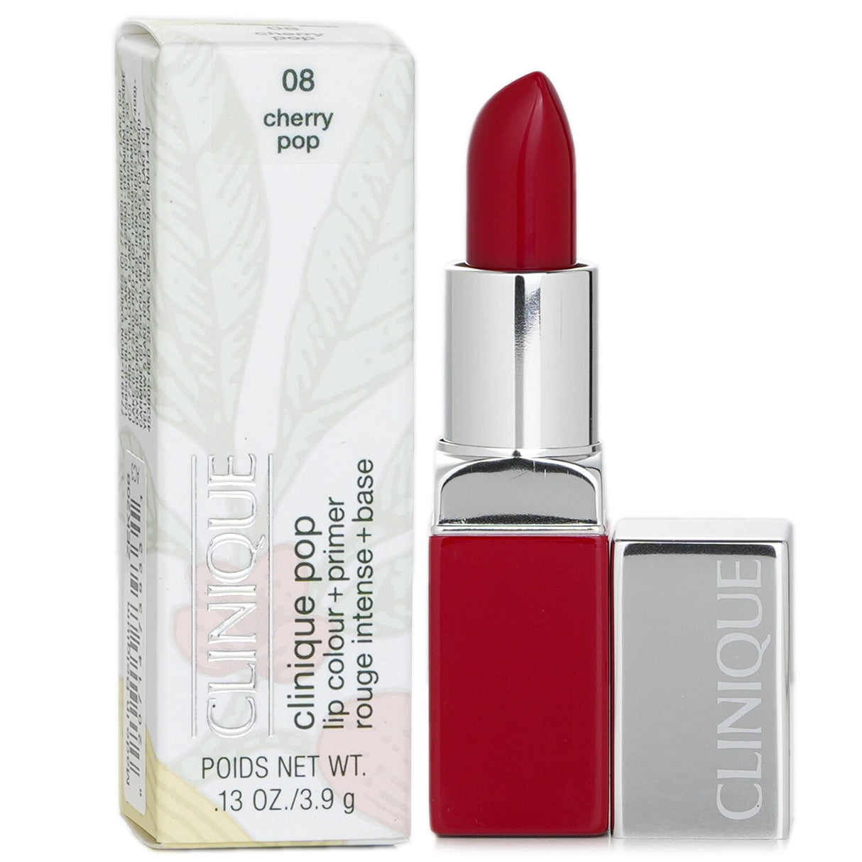 Intense cherry lip color with primer, delivering smooth, vibrant lips for up to 8 hours; allergy-tested, fragrance-free.