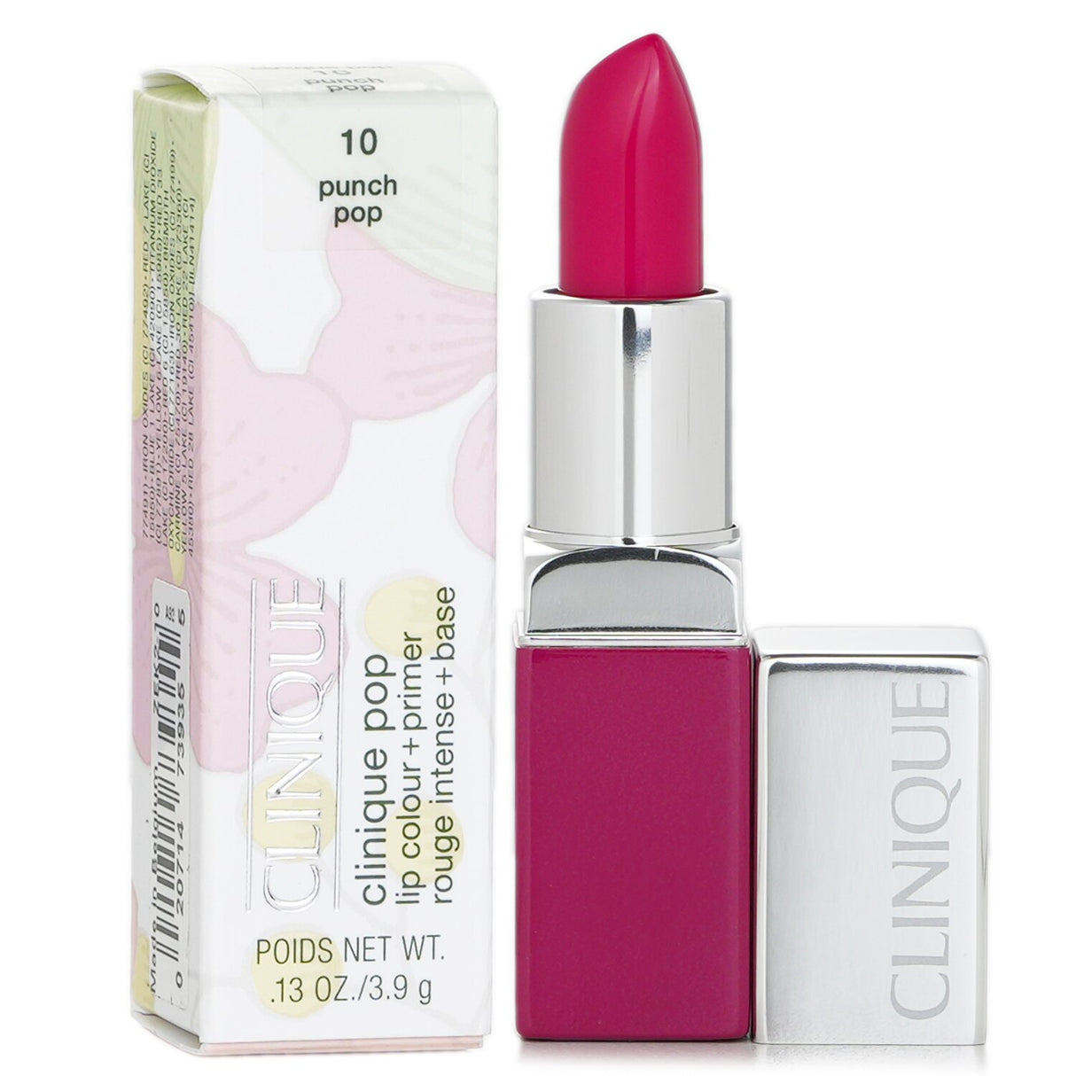 Clinique Pop Lip Colour + Primer #10 Punch Pop product with vibrant color, smoothing primer, and ultra-comfortable finish.