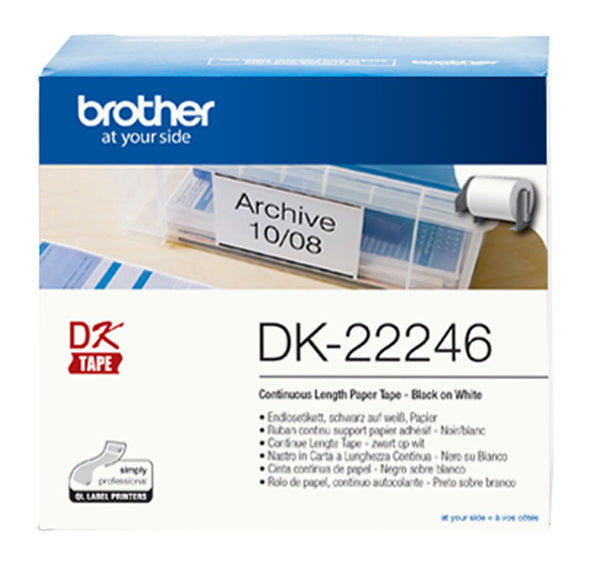 Brother DK22246 Continuous Paper Label Tape, 103mm x 30.48m, ideal for custom labels with strong adhesive for office and warehouse use.