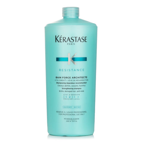 Kerastase Strengthening Shampoo for brittle hair, enriched with Intra-Cylane and Pro-Keratin for revitalized, healthier strands.