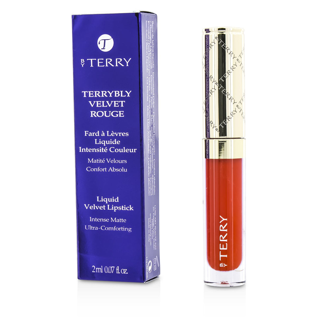 Luxurious By Terry lipstick in #8 Ingu Rouge, offering creamy texture, vivid color, and ergonomic applicator for precise contouring.