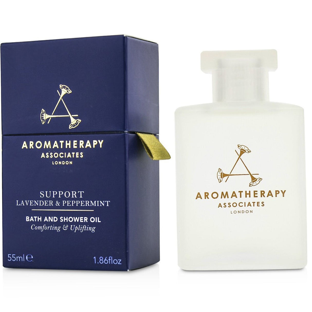 Aromatherapy Associates Lavender & Peppermint Bath & Shower Oil in a 55ml bottle for soothing and rejuvenating self-care.