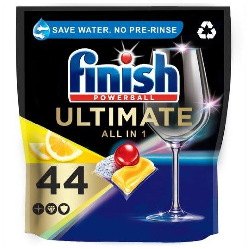 Finish Ultimate All in 1 Lemon dishwasher tablets in two packs, effective against tough stains for sparkling clean dishes.