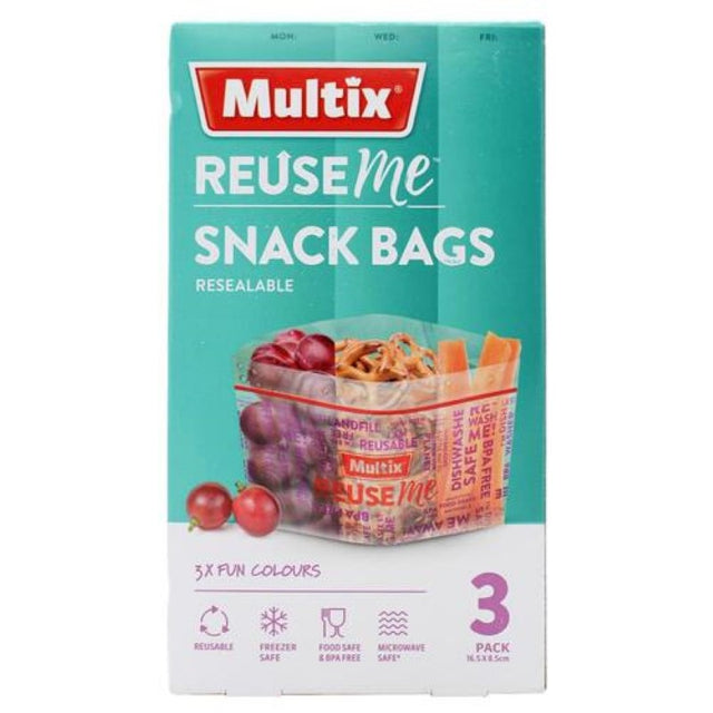 Eco-friendly MULTIX Reuseme Snack Bags, 16.5cm x 8.5cm, reusable, resealable, 3 bags per pack, ideal for snacks and meal prep.