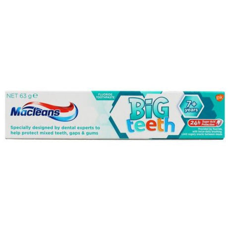 Macleans Big Teeth Toothpaste pack of 12, designed for kids 7+, promotes healthy teeth with fluoride and fun flavor.