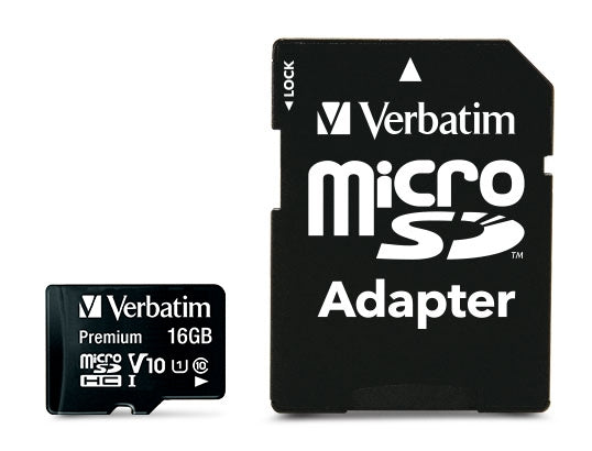 Verbatim 16GB microSDHC card with adapter for mobile devices, offering Class 10 speed, high storage, and reliability.