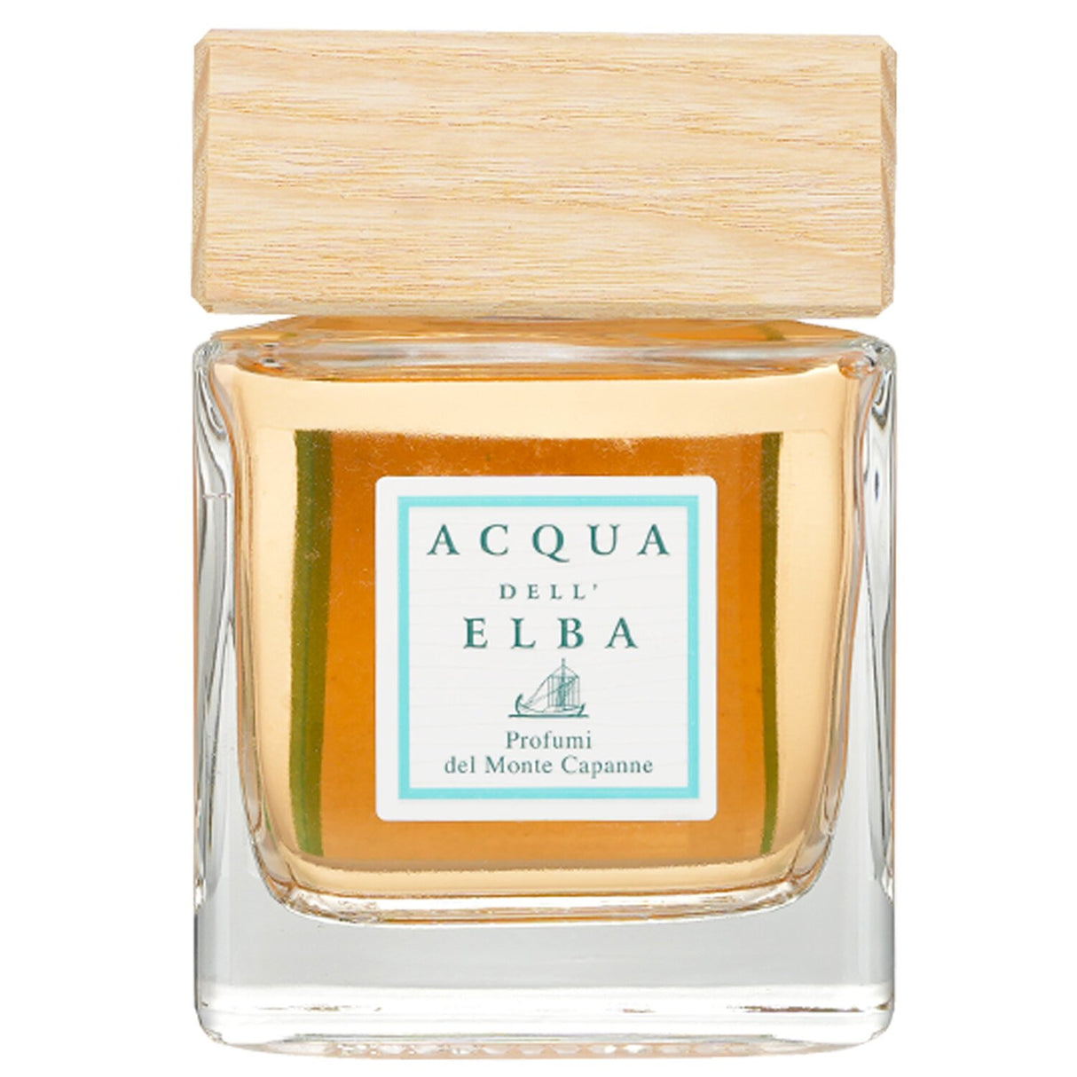Elegant 200ml home fragrance diffuser in glass, wooden cap, inspired by Italian landscapes, refreshing and sophisticated scent.