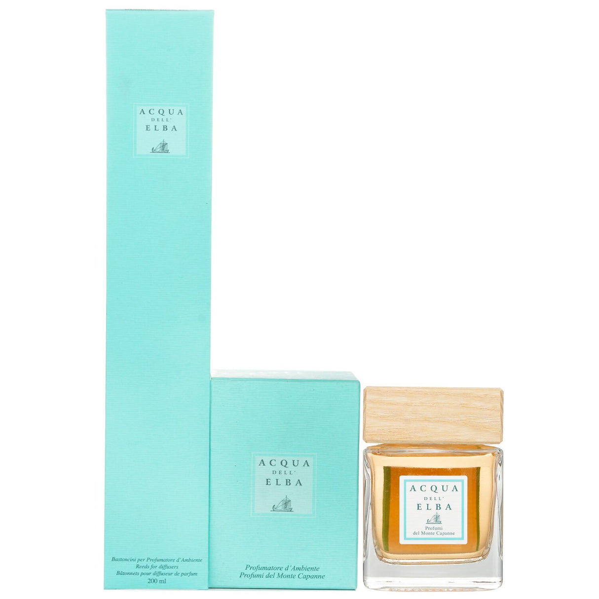 Elegant glass home fragrance diffuser with wooden cap, features Profumi Del Monte Capanne scent for a refreshing ambiance.