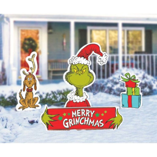 Set of 4 Dr. Seuss The Grinch Merry Christmas yard signs in corrugated plastic with metal stakes, featuring festive designs.