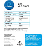 Olsent Led Light Bulb Gls Bayonet 15w 1700lm Ww 2pack