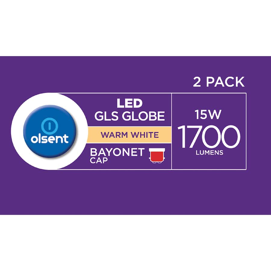 Olsent Led Light Bulb Gls Bayonet 15w 1700lm Ww 2pack