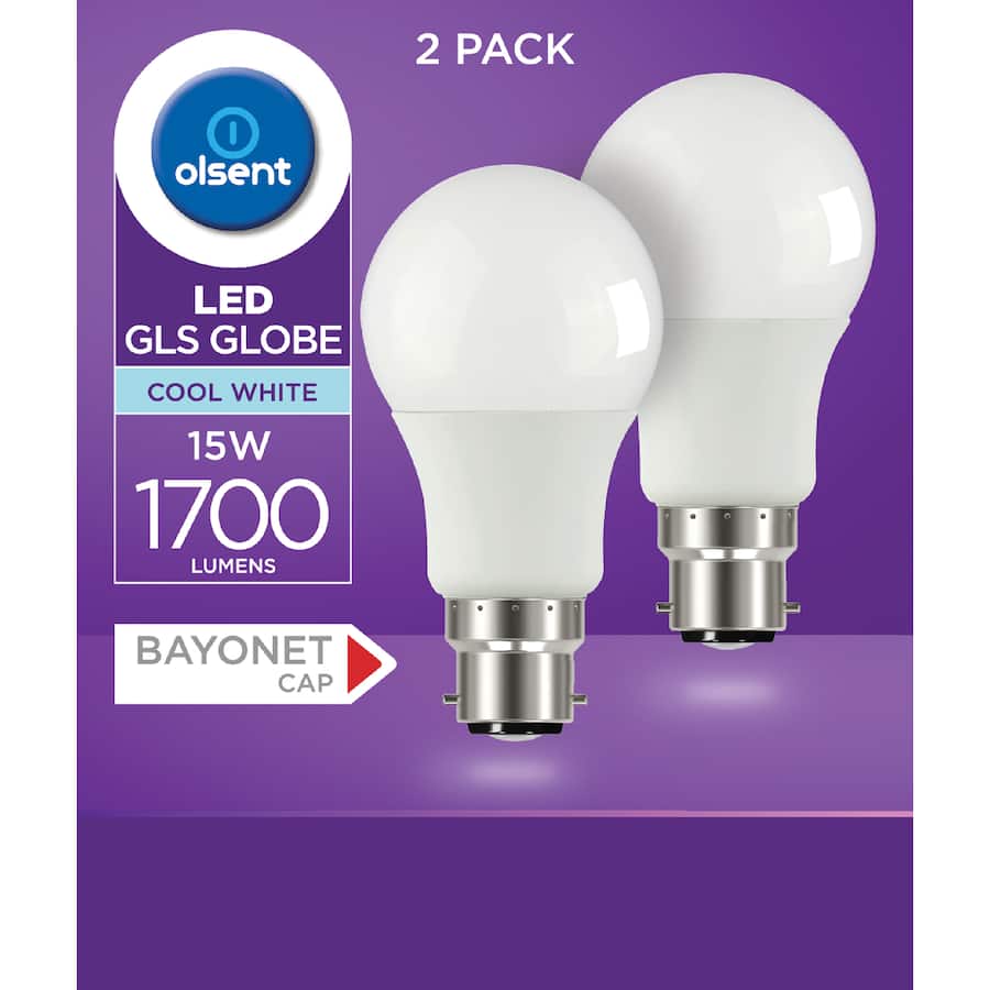 Olsent Led Light Bulb Gls Bayonet 15w 1700lm Cw 2pack