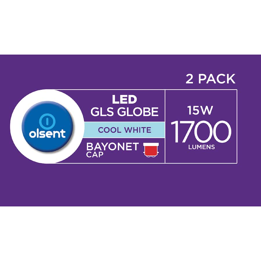 Olsent Led Light Bulb Gls Bayonet 15w 1700lm Cw 2pack