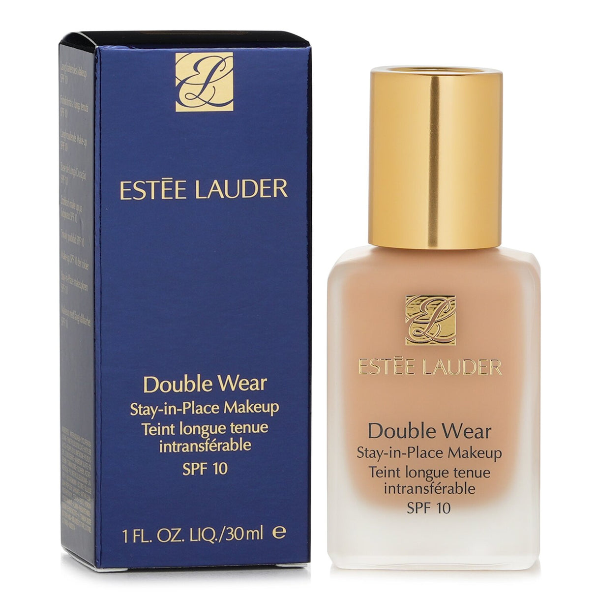 Estee Lauder Double Wear Foundation in No. 77 Pure Beige, offering medium coverage and long-lasting semi-matte finish.