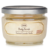 Sabon Body Scrub in Patchouli Lavender Vanilla, 320g, exfoliates and moisturizes for soft, radiant skin with a tranquil scent.