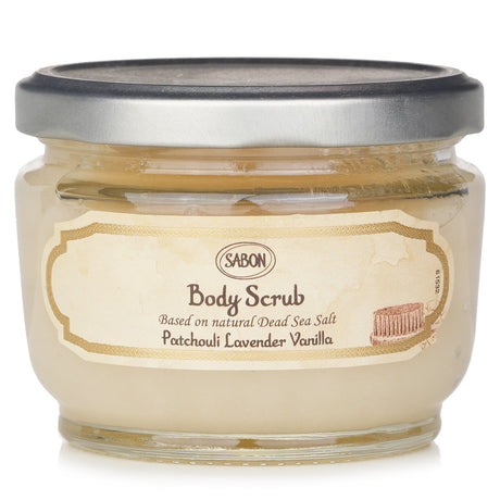 Sabon Body Scrub in Patchouli Lavender Vanilla, 320g, exfoliates and moisturizes for soft, radiant skin with a tranquil scent.