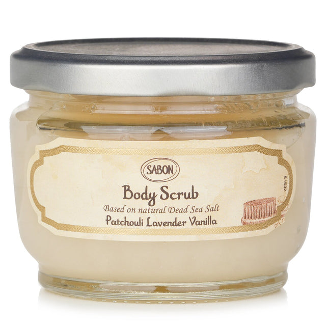 Sabon Body Scrub in Patchouli Lavender Vanilla, 320g, exfoliates and moisturizes for soft, radiant skin with a tranquil scent.