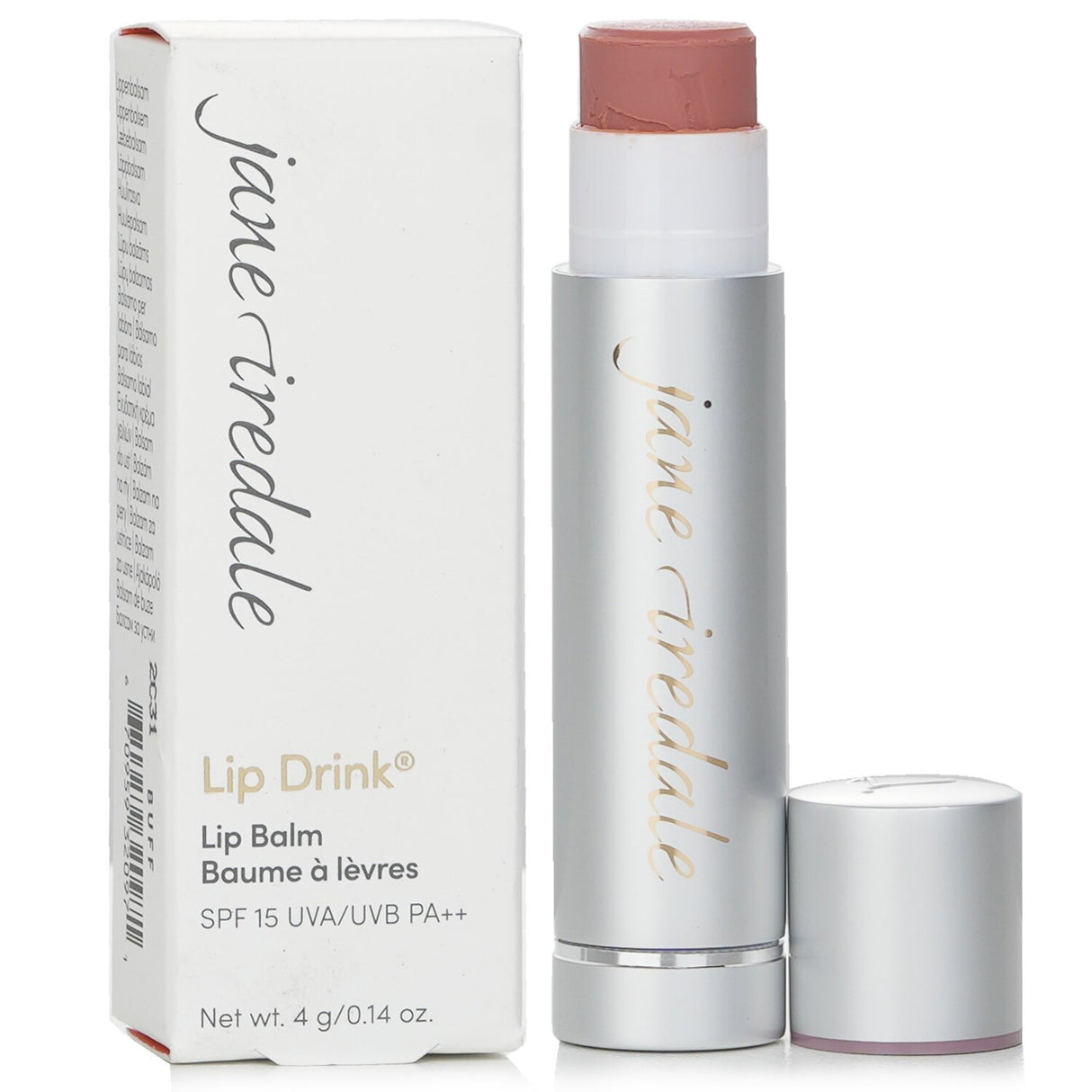 Jane Iredale LipDrink Lip Balm SPF 15 in Buff, 4g, features macadamia oil for hydration and UV protection with a citrus flavor.