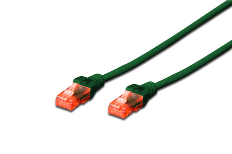 Digitus 1.5M green UTP CAT6 patch lead with RJ45 connectors, designed for high-speed, reliable networking with kink protection.