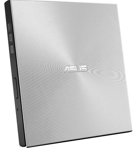 ASUS ZenDrive U9M: Ultra-slim silver external DVD writer with USB-C, minimalist design, and archival-quality M-DISC support.