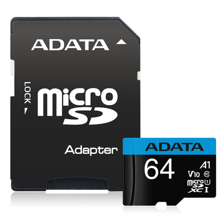 ADATA Premier microSDXC UHS-I A1 V10 Card with Adapter, 64GB, offering 100MB/s read and 25MB/s write speeds for efficient storage.